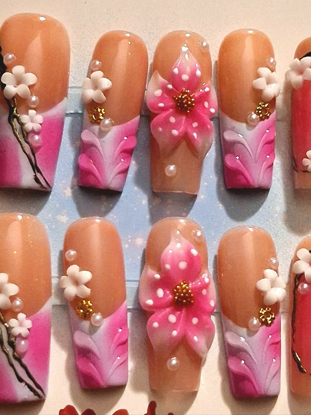 Pink Floral 3D Press-On Nail Set.  Size Medium.